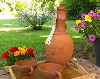1.5L Terracotta Filter Jar – Natural Water Purifier with 2 Cups and Wooden Tray – Handmade Eco-Friendly Filter