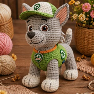 Op de afbeelding: Een gehaakt grijs puppy-speeltje met een groen-witte pet en vest. Het vest heeft een recyclingsymbool en een badge. De puppy heeft bruine ogen en een zwarte neus. Het speelgoed is handgemaakt en staat op een houten oppervlak.