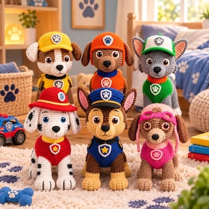 Puede incluir: Una colección de seis figuras de perro de peluche tejidas a ganchillo inspiradas en personajes de Paw Patrol. Cada figura lleva un uniforme, gorro e insignia de un color distinto. El grupo incluye atuendos en amarillo, naranja, verde, rojo, azul y rosa.