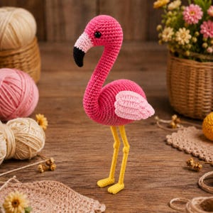 Puede incluir: Un flamenco rosa hecho a mano con ganchillo, con pico negro, cabeza blanca y rosa, y patas amarillas. El flamenco tiene un ala rosa claro y está sobre una superficie de madera. Hilo y flores en el fondo.