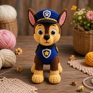 May include: A crochet amigurumi figure of a brown and tan dog wearing a blue police uniform with a matching cap. The uniform features a white shield emblem with a yellow star and a paw print on the cap. The dog has large brown eyes and pink ears.