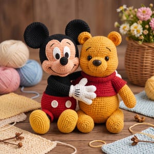 May include: Two crocheted stuffed toys, one representing a black, red, and yellow mouse character with white gloves and two white buttons, and the other a yellow bear character wearing a red shirt, both sitting together on a wooden surface.