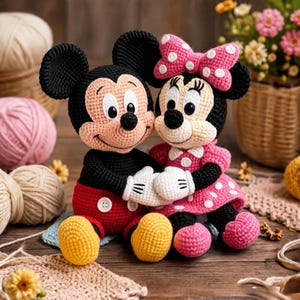 Op de afbeelding: Twee handgemaakte gehaakte poppen die Mickey en Minnie Mouse voorstellen. Mickey draagt een rode broek met witte knopen en gele schoenen. Minnie draagt een roze jurk met witte stippen, een bijpassende strik en roze schoenen.