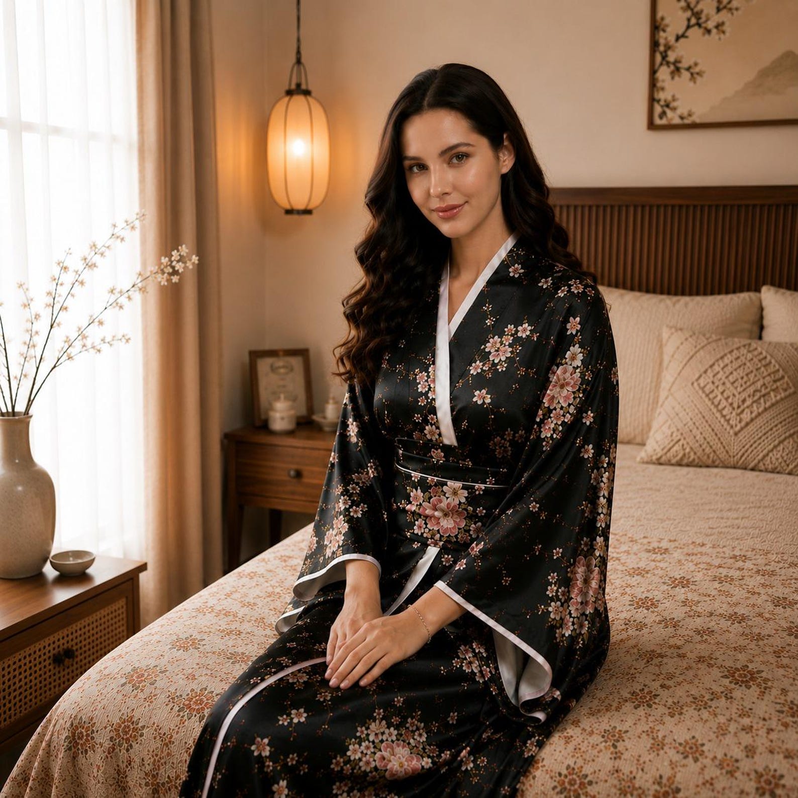 Japanese Floral Kimono Robe | Black Satin-feel | Full Length | One Size ...