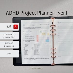 Planificador de proyectos para TDAH versión 1, tamaño A5, PDF imprimible y rellenable, inicio domingo/lunes, seguimiento semanal de tareas, gestión de proyectos, GoodNotes