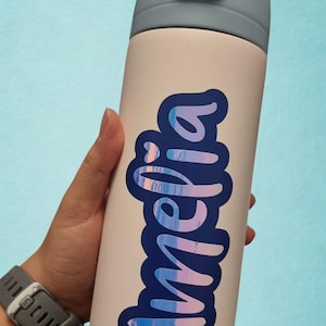 May include: A light pink insulated water bottle with a gray lid and a pink cap. The bottle has a blue and purple sticker that says "Amelia" in a cursive font.