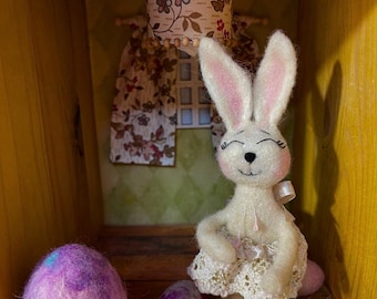 Needle Felted White Bunny Figurine. Rabbit Miniature. Easter Nursery Decor Shabby Chic Decor