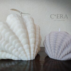 May include: Two shell-shaped candles, one large white and one smaller light gray, both featuring detailed ridged textures. The larger candle has a prominent wick at the top. The text C'ERA ART CANDLES is visible in the upper right corner.