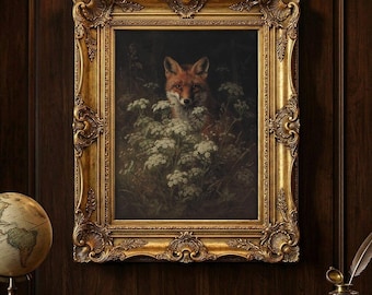 May include: A rectangular wall art piece featuring a painting of a red fox nestled among white wildflowers, encased in an ornate, heavy gold-toned frame with intricate scrollwork and shell-like motifs along the edges and corners.