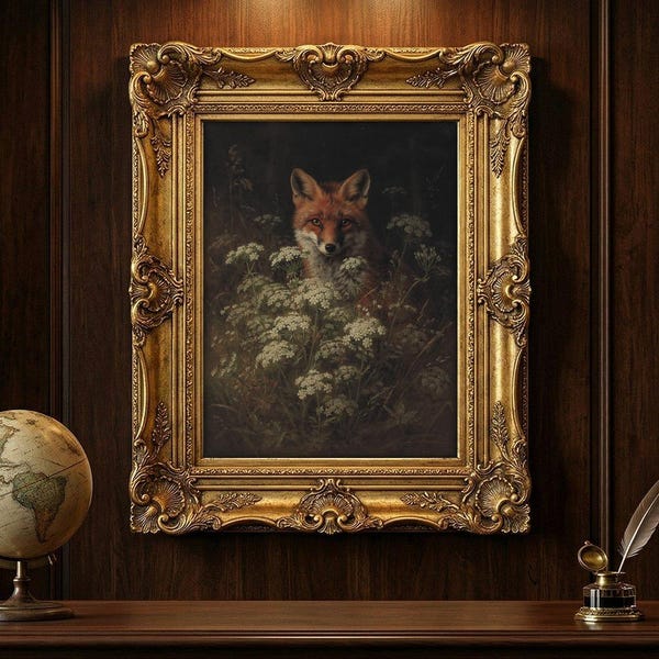 Red Fox Wildflower Oil Painting, Moody Cottagecore Woodland Wall Decor (Physical Print)