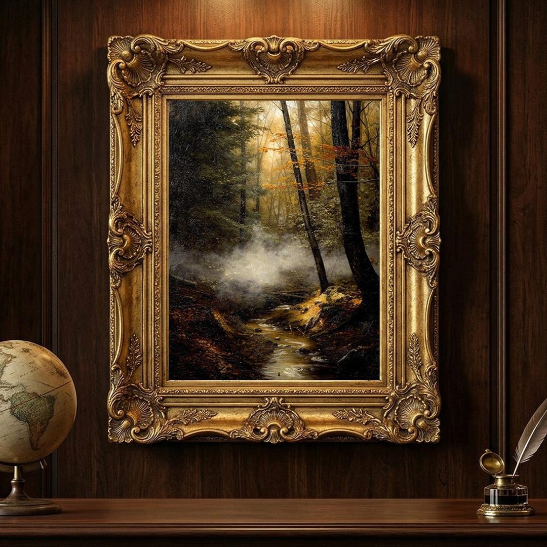 Moody Forest Landscape Oil Painting, Autumn Woodland Stream Wall Art ...