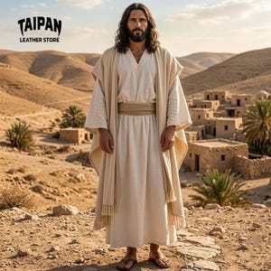 Op de afbeelding: Een persoon in een crèmekleurige jurk en sjaal, staand in een woestijnlandschap. De persoon draagt sandalen en een bruine riem. De afbeelding heeft de tekst "TAIPAN LEATHER STORE" in de linkerbovenhoek.