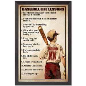 May include: Framed baseball-themed artwork featuring a young baseball player holding a bat. The artwork includes a list of "Baseball Life Lessons" and the player's name and number on the back of their jersey. The color palette includes beige, red, and brown.