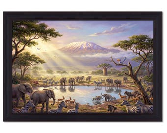 Wildlife Waterhole Wall Decor, Elephant Zebra Giraffe Animal Painting Wildlife Lover Gift