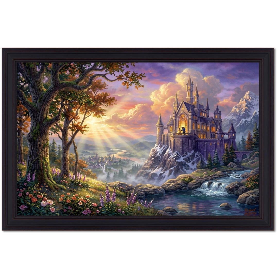 Enchanted Castle Waterfall Sunset Painting, Fantasy Landscape River Art ...