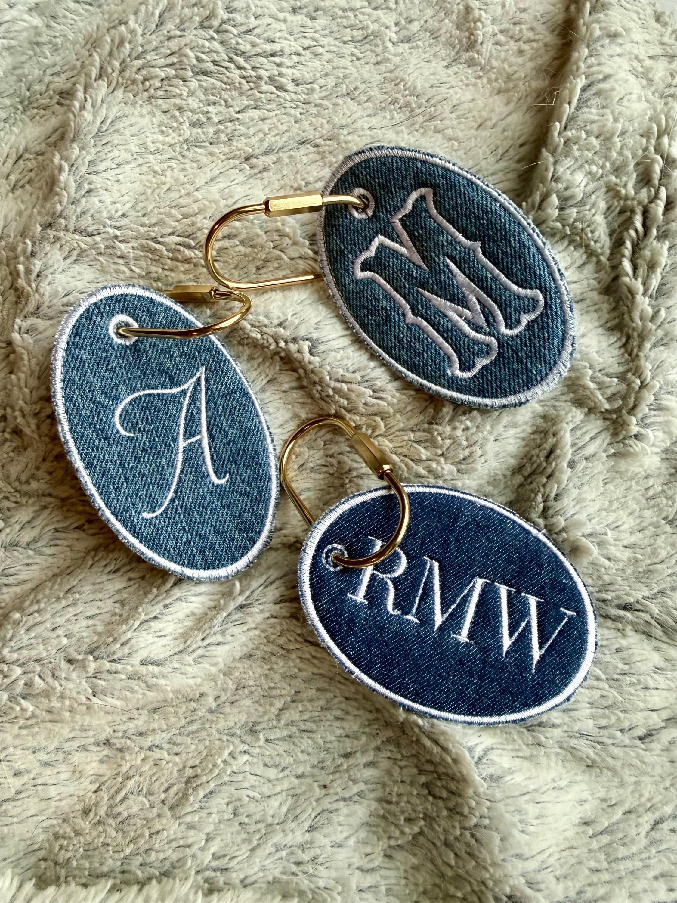 Personalized Denim Embroidered Bag Charm | Custom Initial Keychain ...