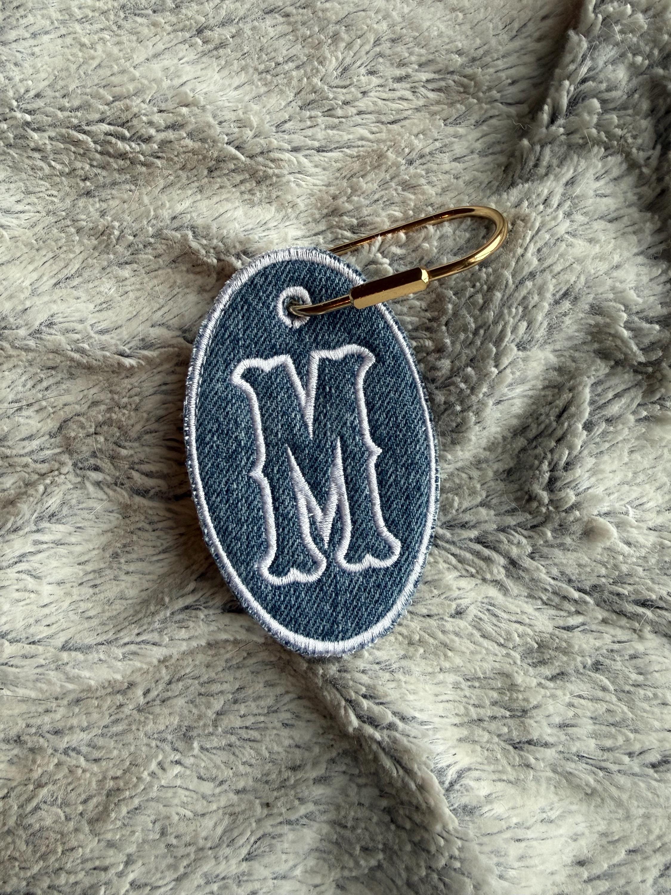 Personalized Denim Embroidered Bag Charm | Custom Initial Keychain ...