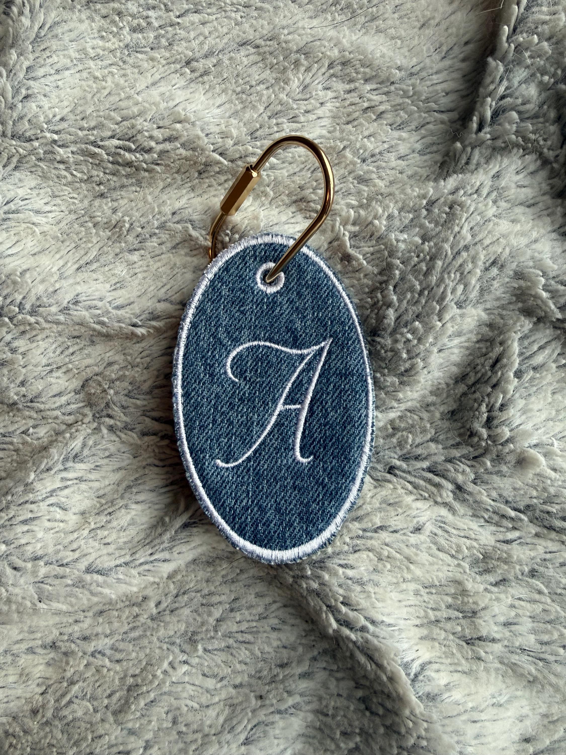 Personalized Denim Embroidered Bag Charm | Custom Initial Keychain ...