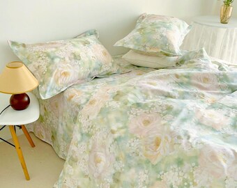 Floral Cotton Bedding Set Duvet Cover & Pillowcases (Twin, Full, Queen, King) Green Flower Comforter Cover Soft Cotton Bedroom Decor Custom