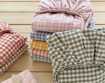 Cotton Plaid Fitted Sheet Multicolored Fitted Sheet for Home Decor Gingham Mattress Protector Twin Full Queen Flat Sheet Gingham Pillowcases