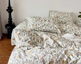 Floral Duvet Cover Set Cottagecore Botanical Bedding Twin to King Sizes Custom Size Bedding Set Forest Style Home Decor Soft Cotton Bedding
