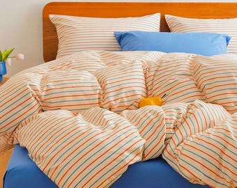 Colorful Striped Duvet Cover Set with Pillowcases (Full Size) Striped Bedding Set Striped Bed Cover Summer Home Decor 100% Cotton