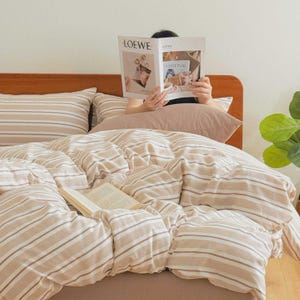 Beige & Brown Striped Bedding Set,Oatmeal Brown Striped Bedding,Minimalist Bedroom Decor,Soft Cotton Twin Full Queen Comforter Cover