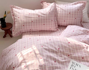 Pink Plaid Hearts Duvet Cover Set, Kawaii Coquette Bedding, Cottagecore Bedding Set,Bedroom Decor