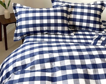 Blue and White Buffalo Check Bedding Set, Gingham Duvet Cover, Farmhouse Bedding, Classic Plaid Comforter Cover, Bedroom Decor, Twin to King