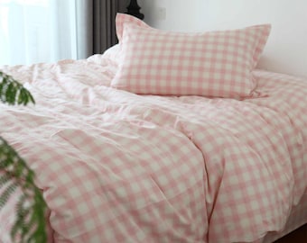 Pink Gingham Duvet Cover Set 2/3pcs Bedding Set Soft Cotton Comforter Cover Plaid Dorm Bedding Custom Size