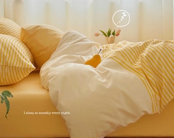 Yellow and White Striped Bedding Set,Minimalist Striped Comforter Cover,Summer Bedroom Decor,Twin Full Queen Duvet Cover Set,Striped Bedding