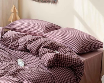 Raspberry Pink  Bedding Set 100% Cotton Gingham Bedding Set 4PCS/Set Plaid Duvet Cover Set with Pillowcases &Flat Sheet Full Queen Size