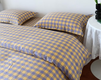 Yellow & Blue Gingham Duvet Cover Set,Twin Full Queen King Size Bedding Set ,Plaid Dorm Bedding ,Soft Cotton Plaid Bedding (Custom Size)