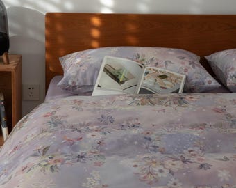 Purple Floral Bedding Set with 2 Pillowcases Elegant Botanical Bedding Twin Full Queen Size Flower Bed Set Cotton Floral Duvet Cover Set