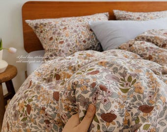 Vintage Floral Duvet Cover Set,Cottagecore Bedding Set,Soft Aesthetic Bedding,Retro Flower Comforter Cover,Twin Full Queen Size