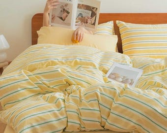 Yellow/Beige/Blue Striped Cotton Comforter Set, Minimalist Bedroom Decor,Soft Cotton Dorm Bedding,Striped Duvet Cover Set,Striped Bedding