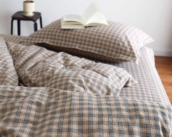 Khaki Brown Plaid Duvet Cover Set Classic Gingham Bedding Neutral Grid Quilt Cover and Pillowcases Soft Cotton Bedding Set Twin Full Queen