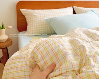 Colorful Plaid Bedding Set,100% Cotton Duvet Cover Set with Pillowcases,Gingham Quilt Cover,Soft Cotton Plaid Bedding,Farmhouse Bedding Gift