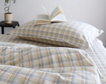 Minimalist Plaid Duvet Cover Set Beige & Light Blue Gingham Quilt Cover Twin Full Queen King Size Checkered Comforter Cover Cotton Bedroom