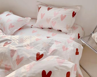 Soft Cotton Duvet Cover Set with Love Heart Twin Full Queen King Bedding Set Breathable Quilt Cover with Pillow Shams