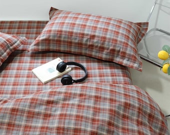 Vintage Red Gingham Plaid Duvet Cover Set, Rust Plaid Bedding Set, Vintage Grid Comforter Cover, Cozy Fall Bedroom Decor,(Twin to King)