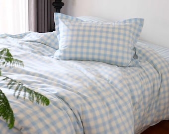 Blue Gingham Plaid Duvet Cover Set with Pillowcases Cozy Bedding Decor Soft Cotton Plaid Bedding Set Twin Full Queen King Gingham Bedding