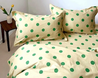 Cream Green Polka Dot Bedding Set, Retro Duvet Cover, Green Dot Comforter Cover, Cute Vintage Bedding, Cottagecore Bedroom Decor，Custom Size