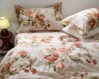 100% Cotton Vintage Rose Bedding Set,Cottagecore Floral Duvet Cover,Oil Painting Floral Bedding Set with Pillow Shams ,Cozy Custom Bedding