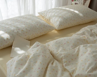 Floral Cotton Bedding Set Cottagecore Flower Duvet Cover Cream Aesthetic Bedspread Shabby Chic Comforter Cover - King Queen Full Twin Size