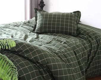 Dark Green Grid Bedding Set Forest Green Gingham Duvet Cover Minimalist Checkered Quilt Cover with Pillowcases Cotton Pillowcases Custom