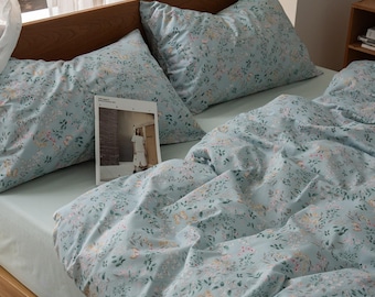 Cottagecore Butterfly Duvet Cover Set with Pillow Shams Dusty Blue Floral Bedding Set Botanical Comforter Cover Floral Room Decor Custom