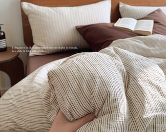 Striped Duvet Cover Set, Soft Cotton Bedding, Coffee Brown & Beige Comforter Cover with Pillowcases, Japandi Home Decor Queen Full Bedding