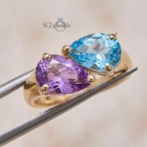 Natural London Blue Topaz & Amethyst Ring, 925 Sterling Silver East West Ring, November and Fab Birthstone Jewelry