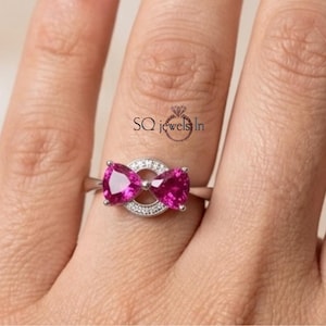 Pink Ruby Bow Ring, 925 Silver Two Stone Pear Ruby Ring, Infinity Bow Tie Ring, Micro Pave Accent Ring, July Birthstone Gift for Her